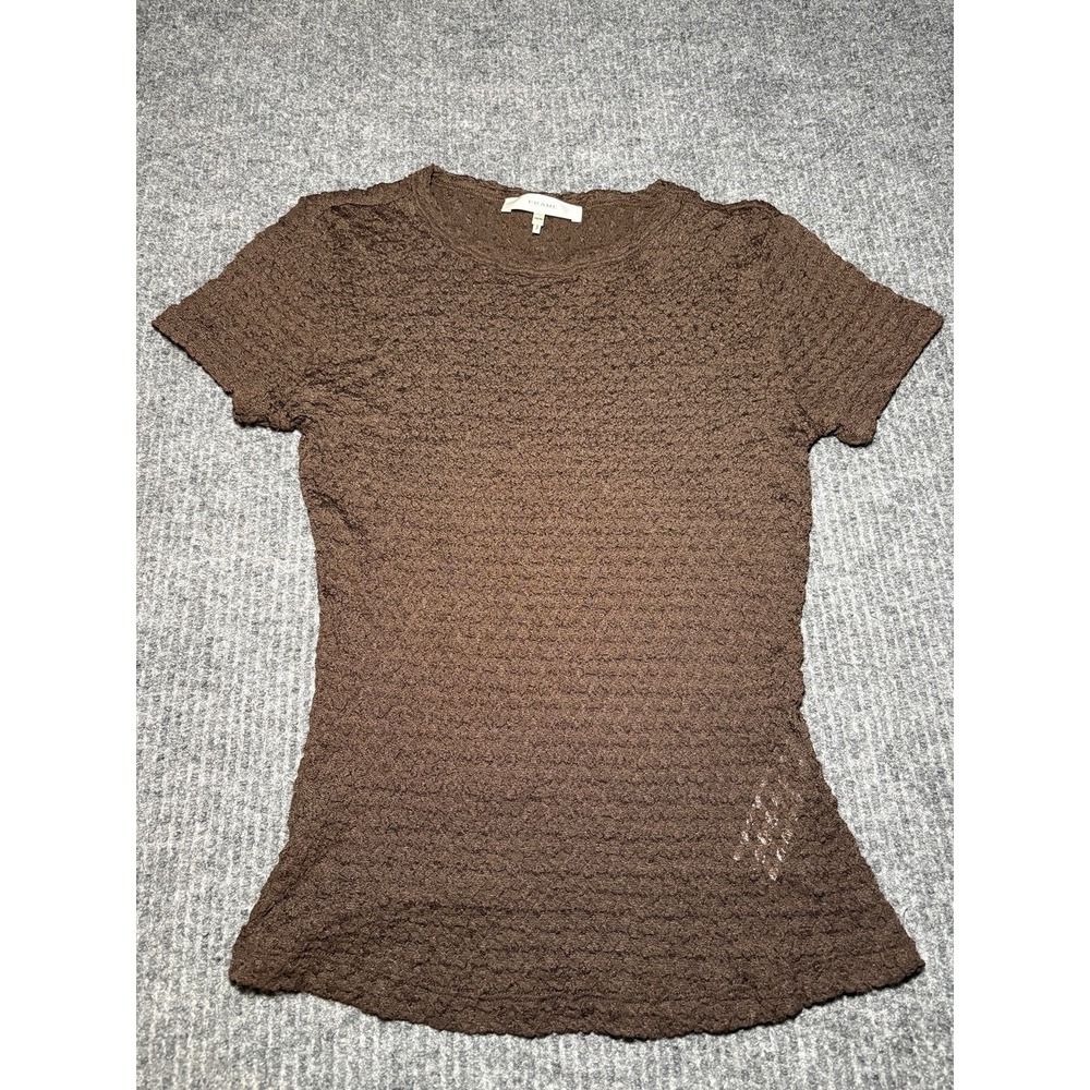 FRAME Brown Smocked Crinkle Textured Short Sleeve Top Size M